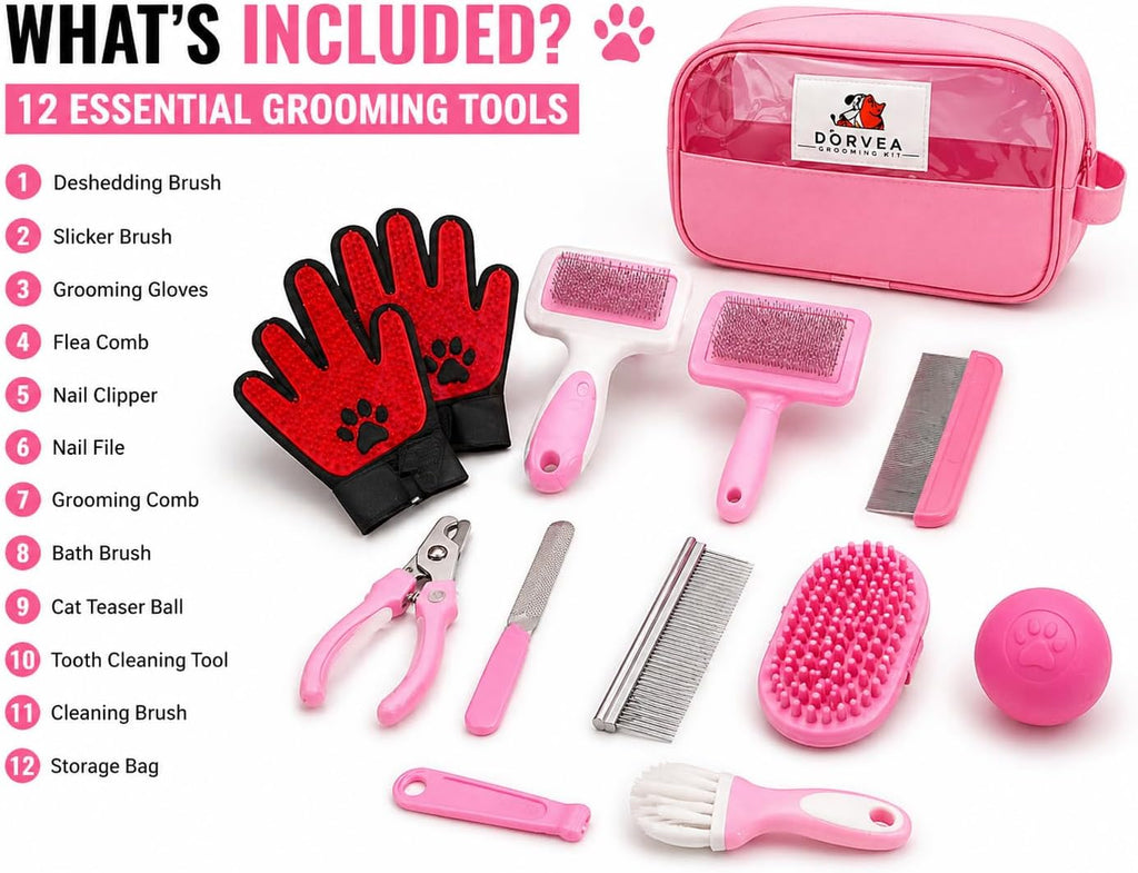 Pet Grooming Kit 12-in-1 for Dogs & Cats - Professional Deshedding Brush, Nail Clipper, Slicker Brush Flea Comb