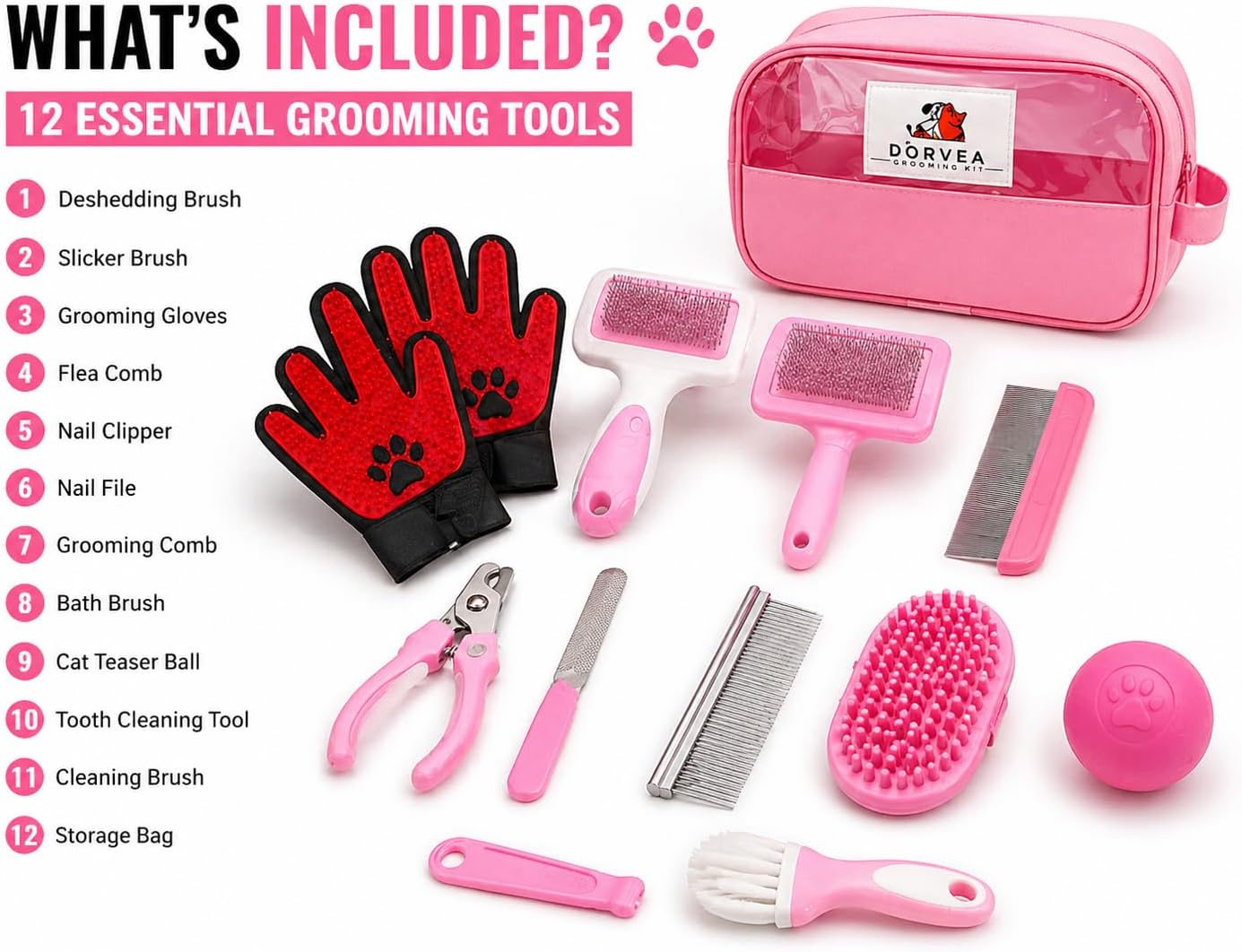 Pet Grooming Kit 12-in-1 for Dogs & Cats - Professional Deshedding Brush, Nail Clipper, Slicker Brush Flea Comb