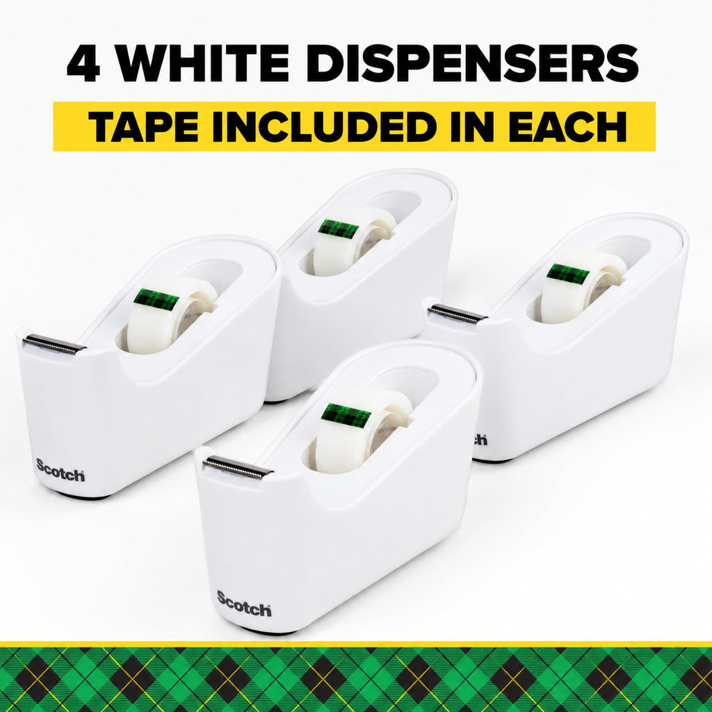 Desktop Tape Dispenser, White, 4 Pack