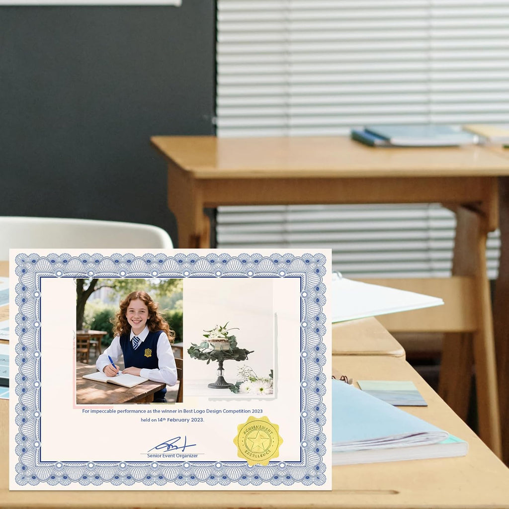 100 Sheets Certificate Paper with Gold Seals, 8.5 x 11 in, Navy Blue Border | 180Gsm Printable Cardstock, Compatible