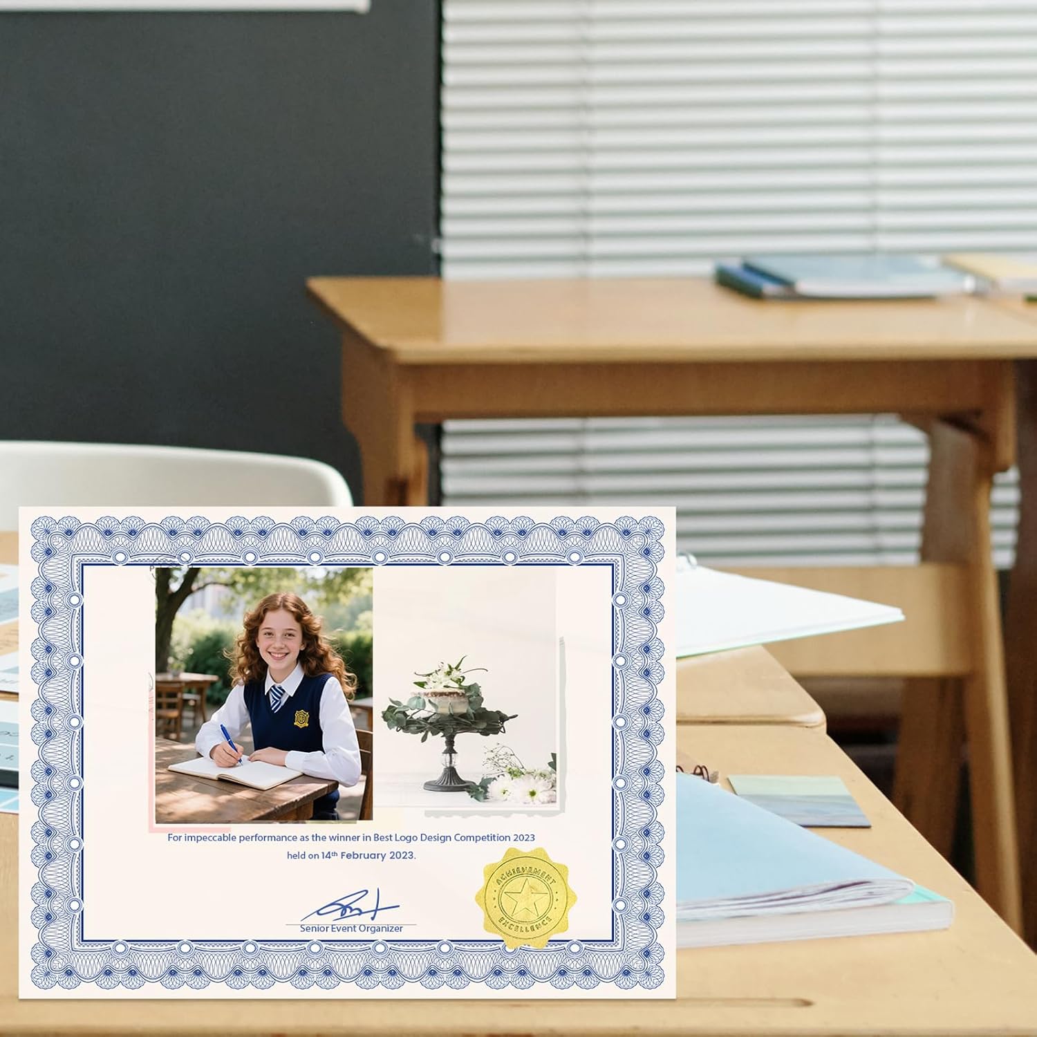 100 Sheets Certificate Paper with Gold Seals, 8.5 x 11 in, Navy Blue Border | 180Gsm Printable Cardstock, Compatible
