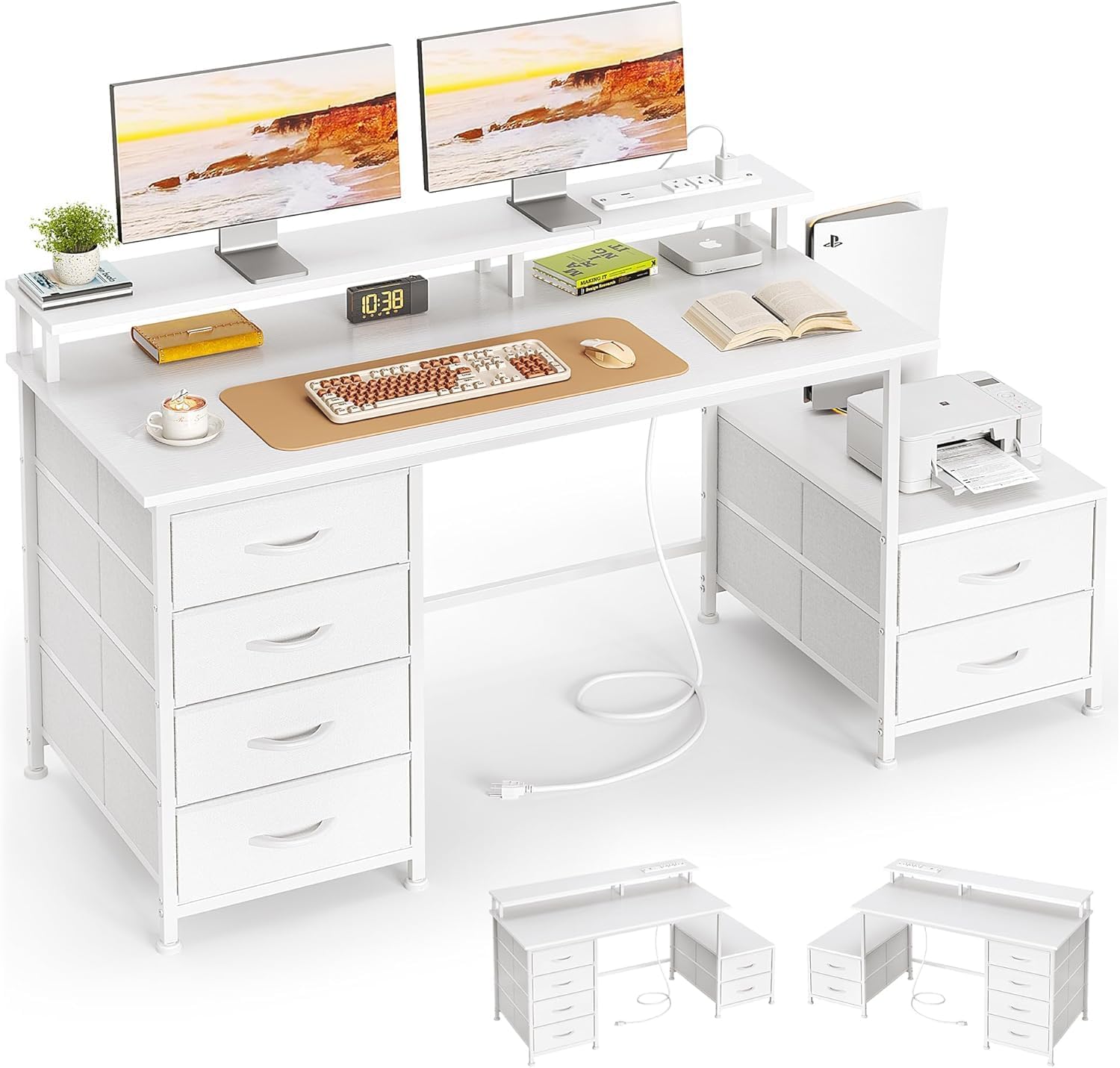 52 Inch Office Desk with 6 Drawers and Printer Space for Storage, Reversible Computer Desk with Monitor Stand & Power