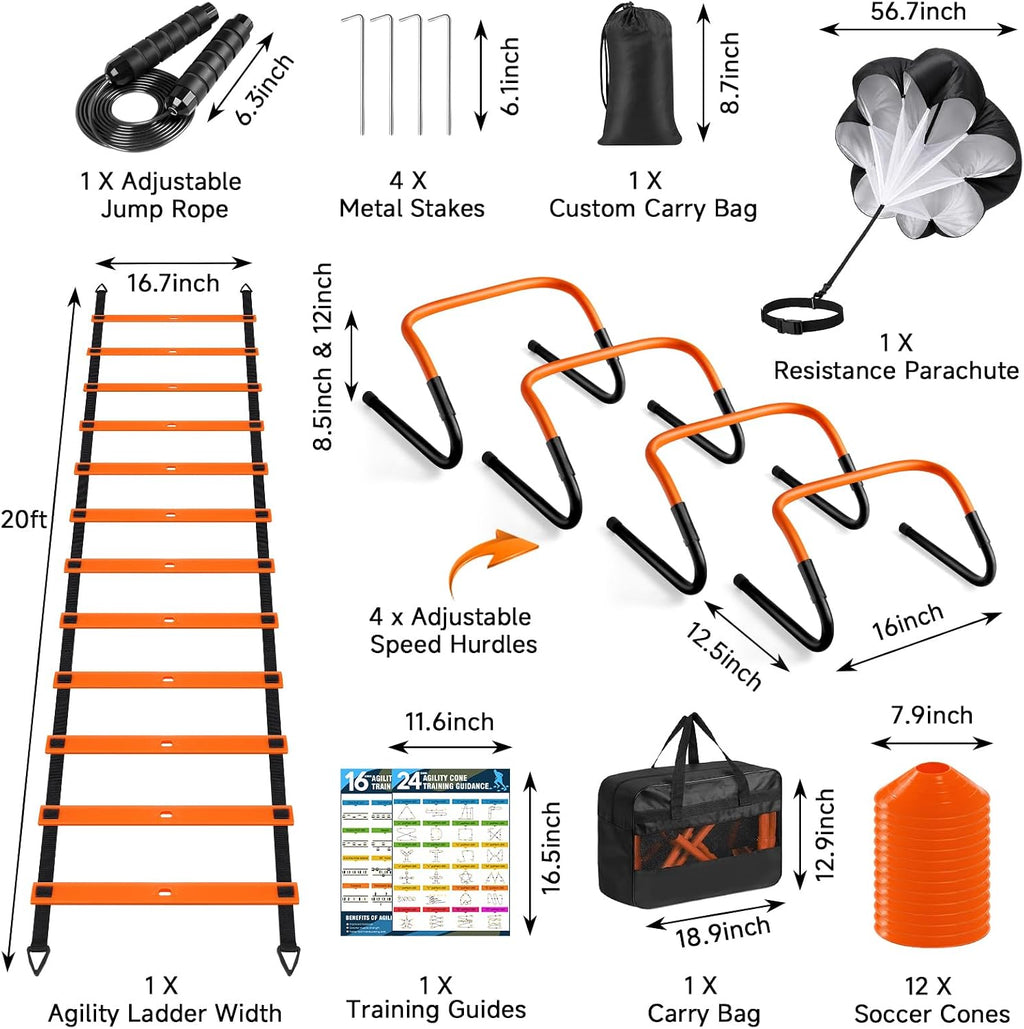 Agility Ladder, Soccer Football Training Equipment Agility & Speed Training | 20ft Ladder,4 Adjustable Hurdles