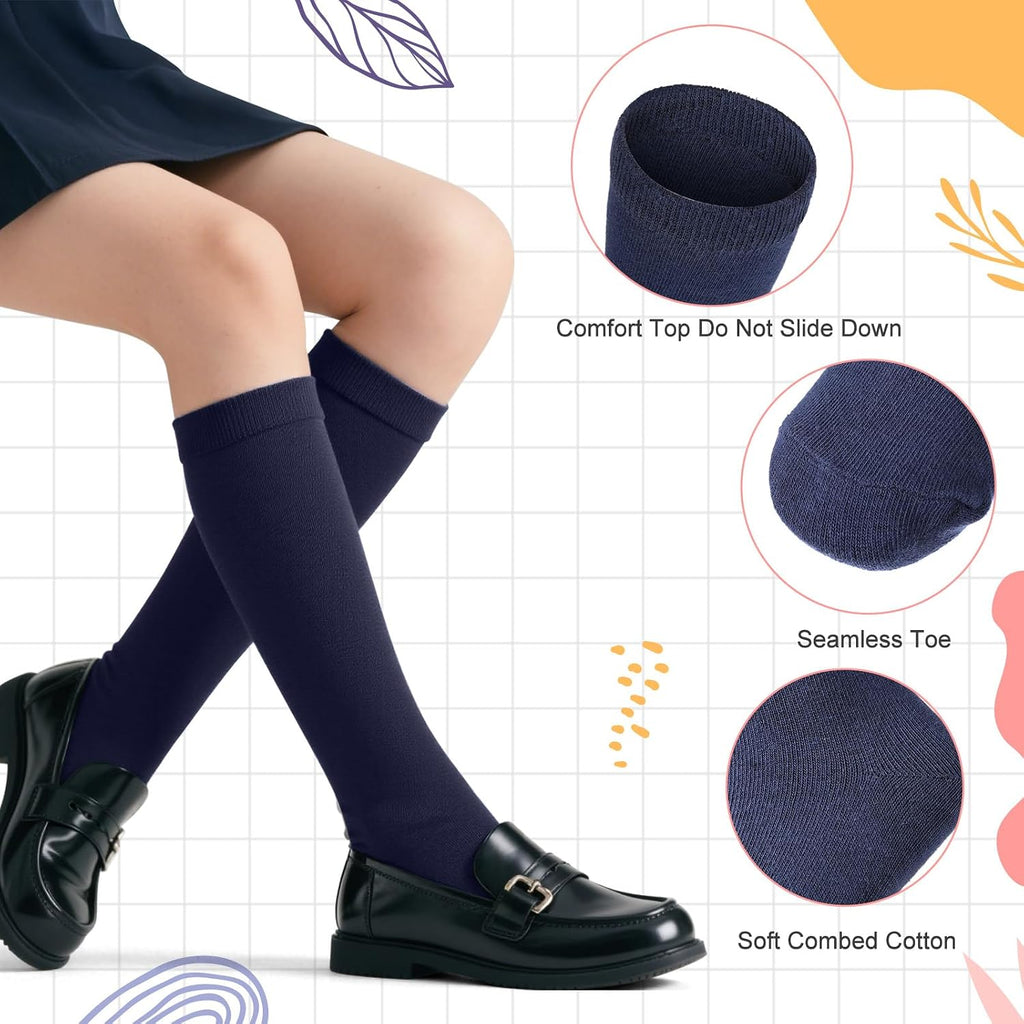 4 Pairs Calf Knee High Sock for Girl Kid Boy, Cotton School Uniform Unisex Solid Seamless Sock for Dress