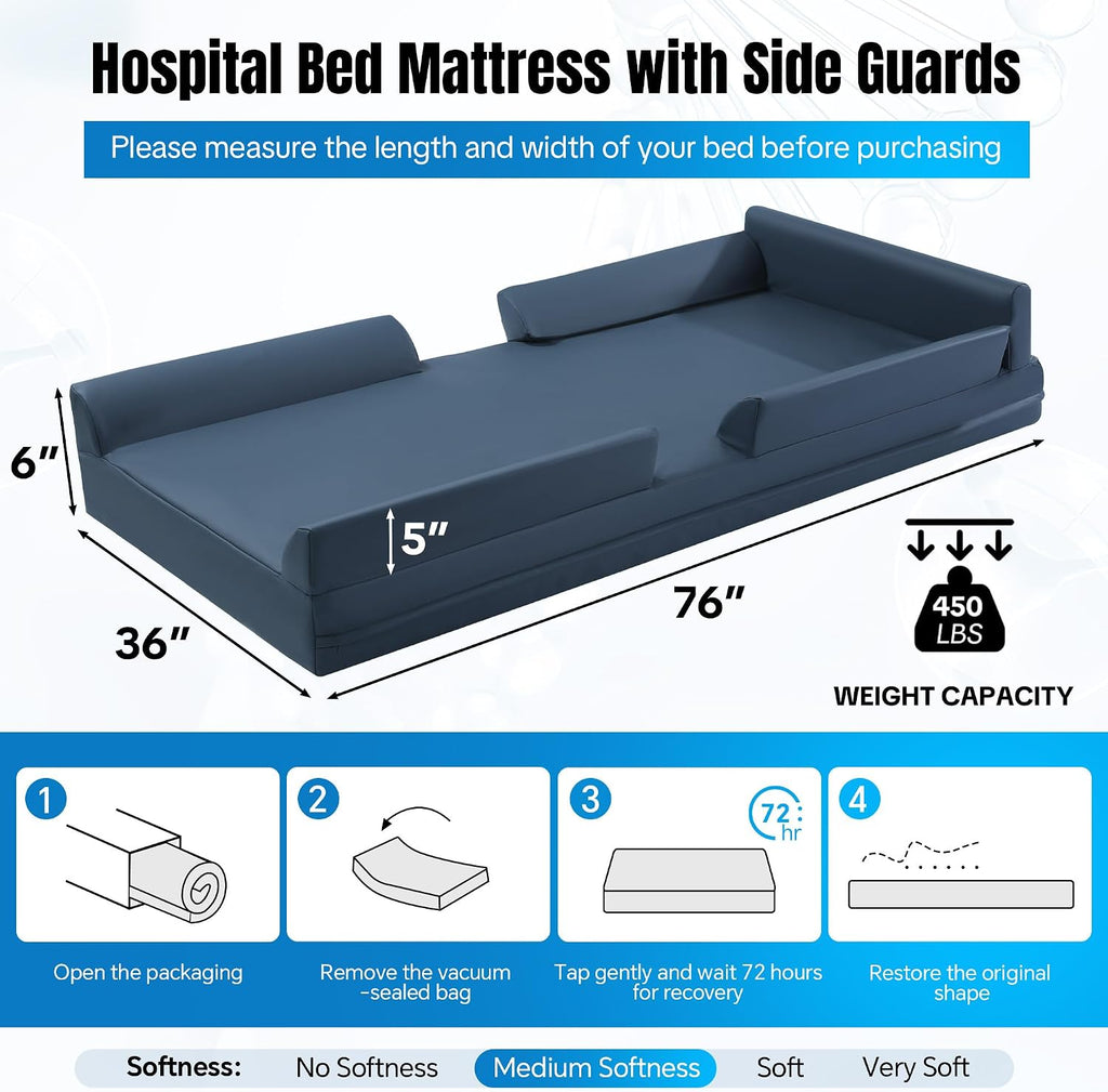 6" Thickness 5-Zone Memory Foam Hospital Bed Mattress with Side Guards 76"x36", Thick FDA Registered Medical Mattress