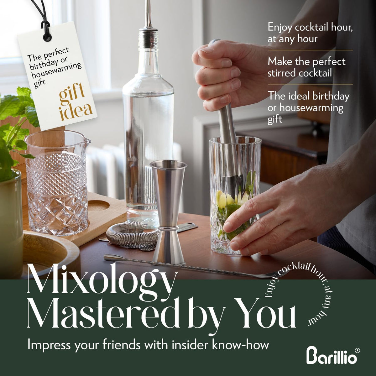 24 Oz Crystal Cocktail Mixing Glass with Bamboo Stand & Bar Tools | Seamless Lead-Free Crystal, Weighted Base