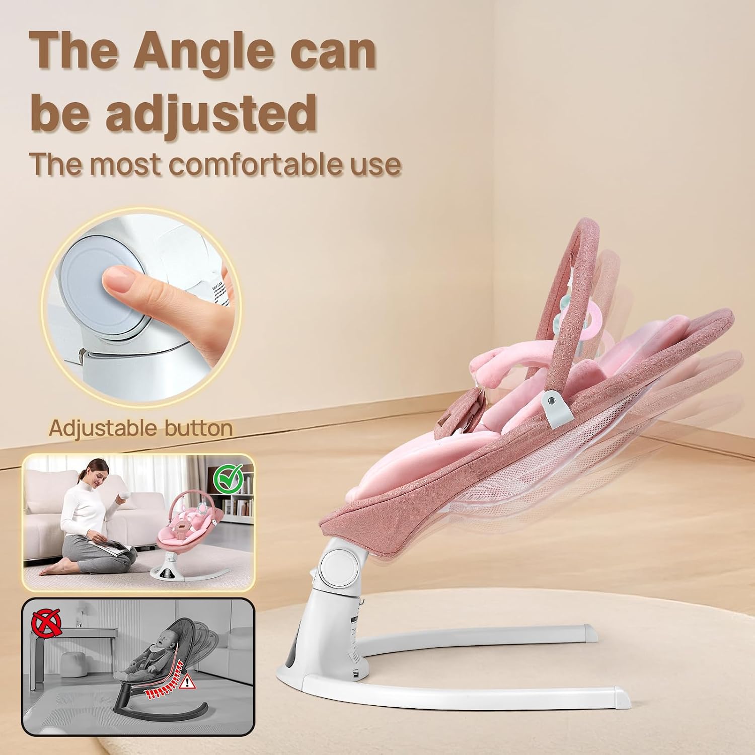 Portable Baby Swing with Remote Control Bluetooth Music 5-Speed Timer Pink | 5‑point safety harness, machine washable