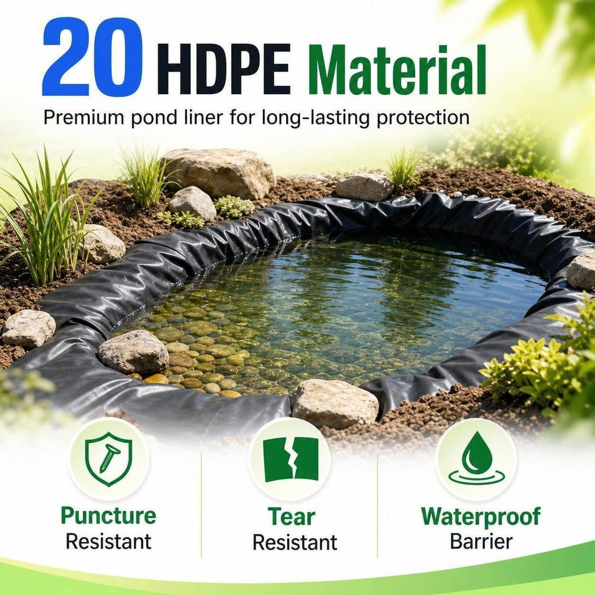 10 x 13 FT Pond Liner, 20 Mil HDPE Pond Liners for Outdoor Ponds