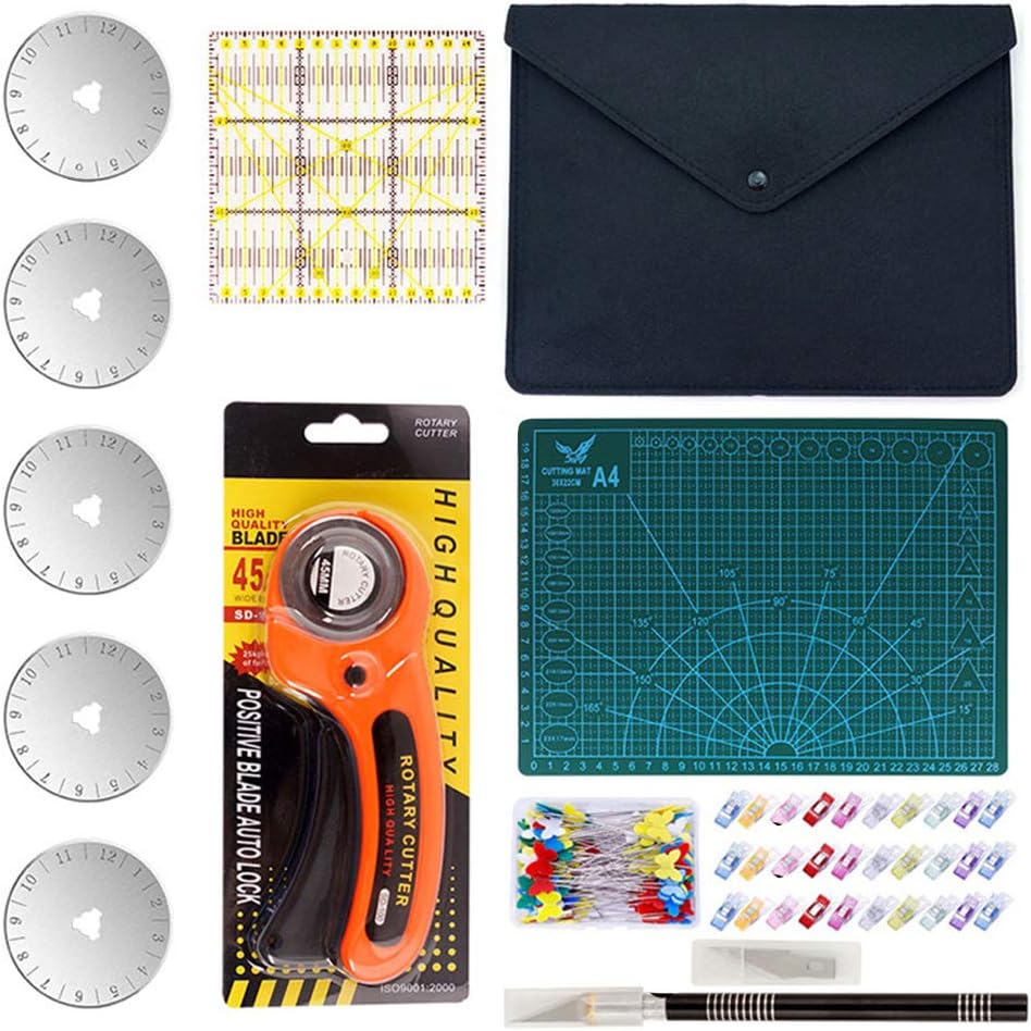 90 PCS Rotary Cutter Kit, 45mm Rotary Cutter Tool Kit with 5 Extra Blades, A4 Cutting Mat, Patchwork Ruler, Carving
