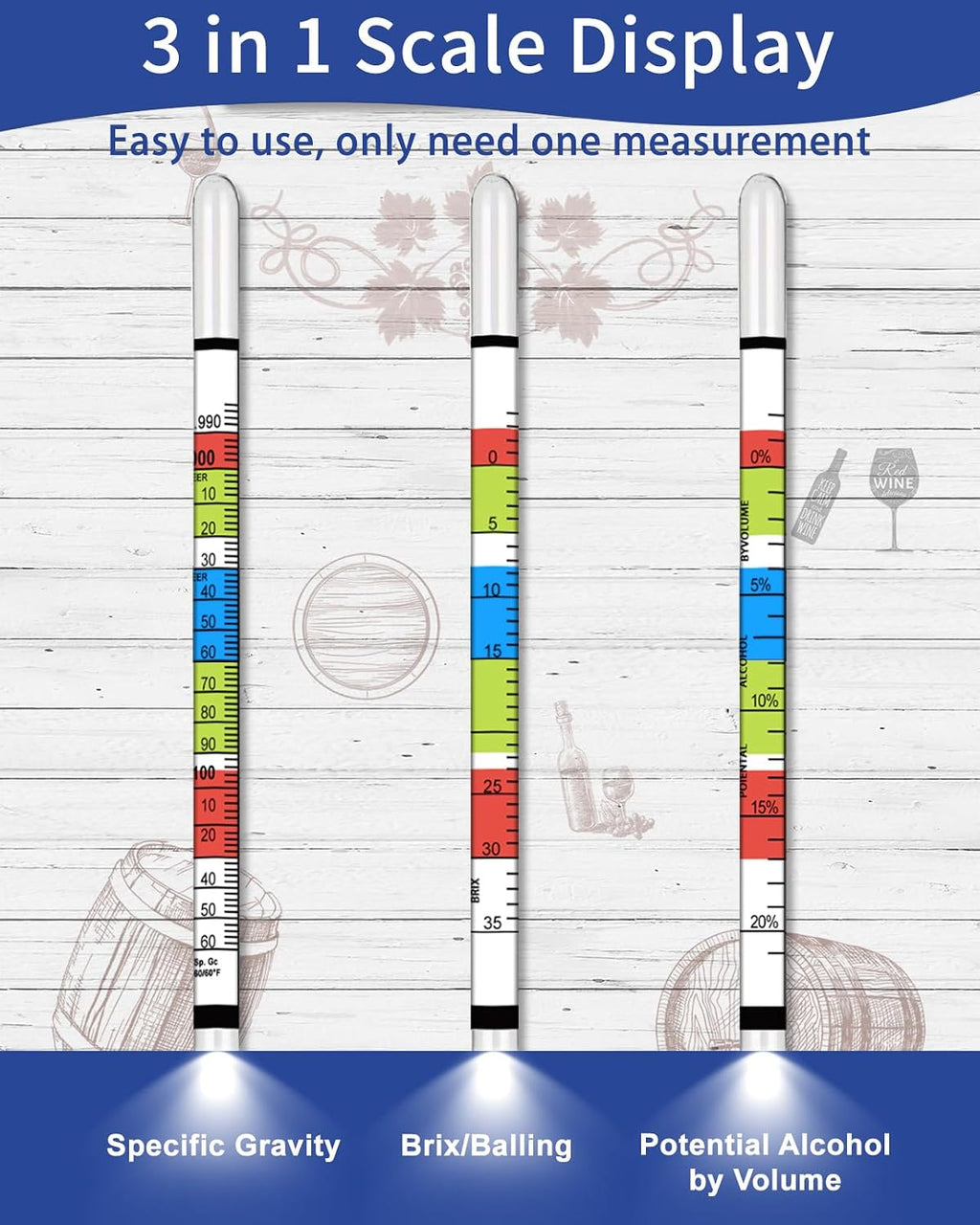Triple Scale Hydrometer, Specific Gravity Hydrometer for Wine Making, Mead, Kombucha & Beer, Mead Making Kit, ABV