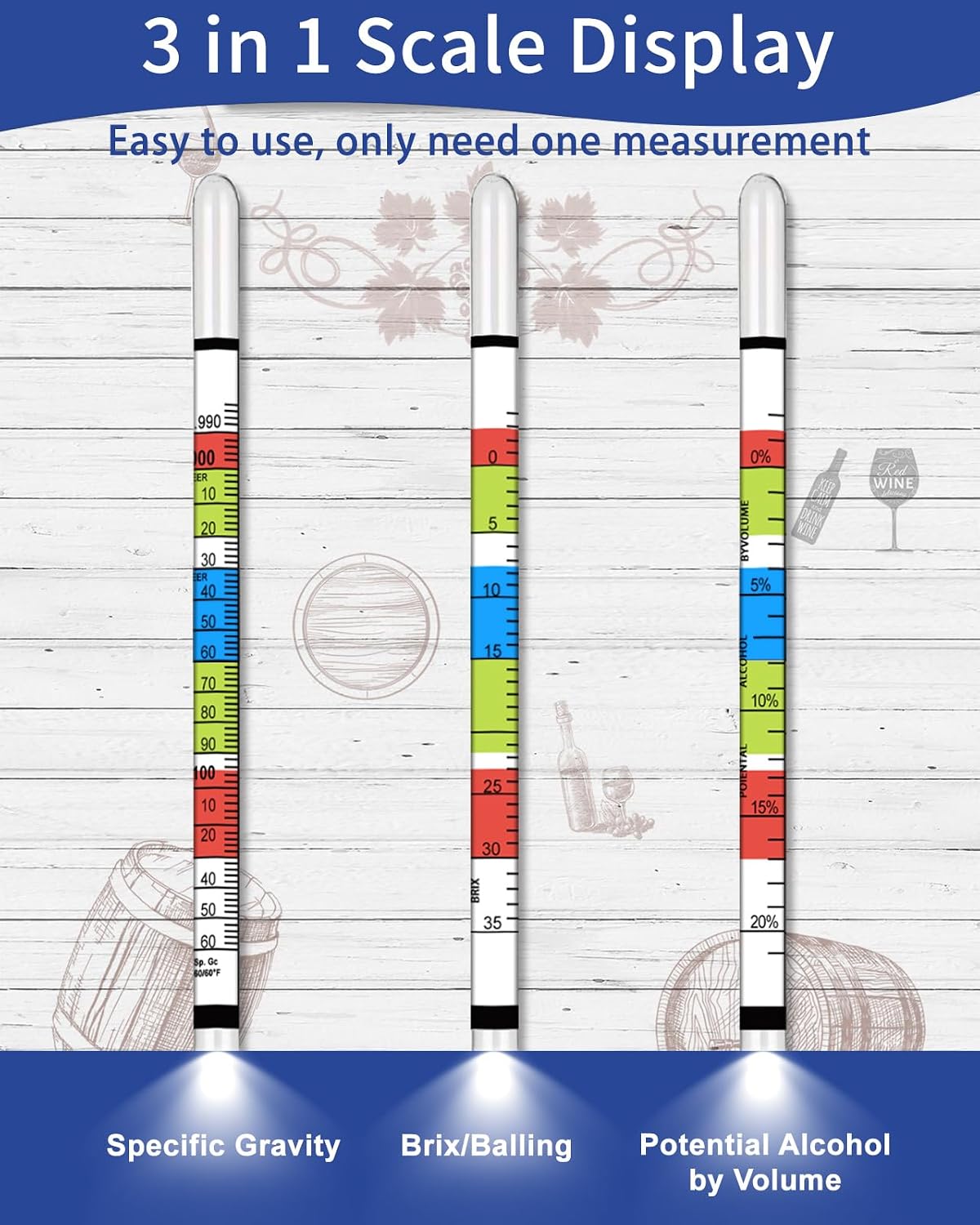 Triple Scale Hydrometer, Specific Gravity Hydrometer for Wine Making, Mead, Kombucha & Beer, Mead Making Kit, ABV