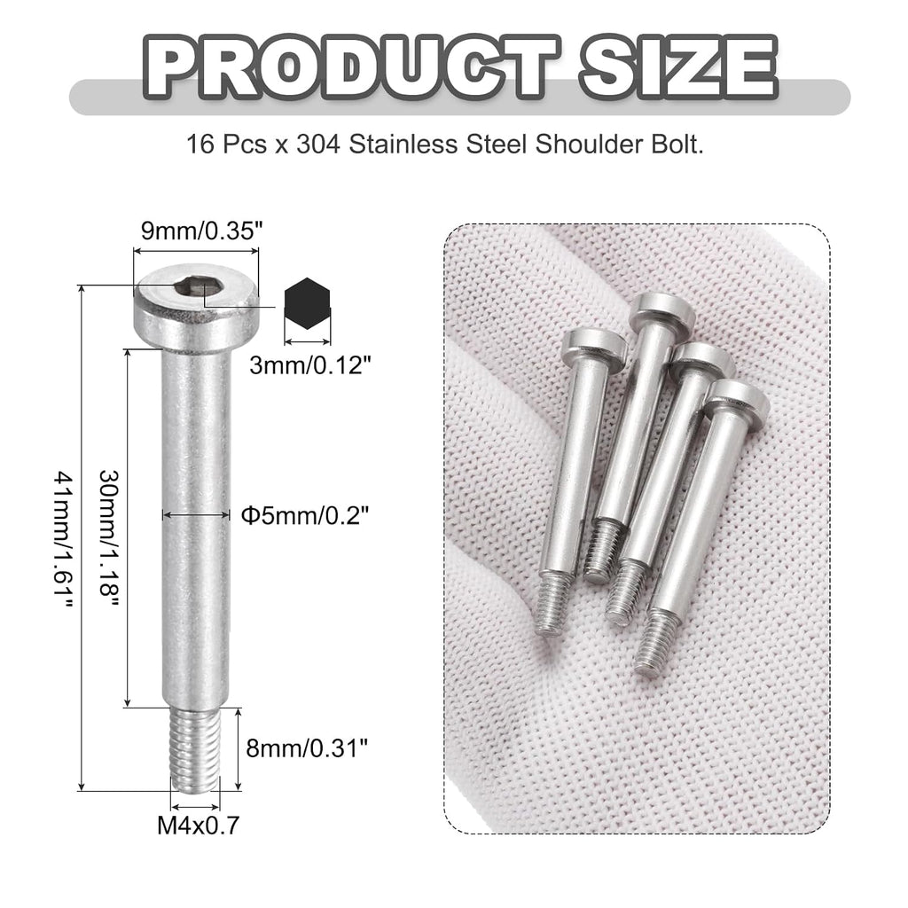 MECCANIXITY 16 Pcs 304 Stainless Steel Shoulder Bolt 5mm Shoulder Dia 30mm Shoulder Length M4x0.7 Thread Hex Socket Shoulder Bolts for Hydraulic Injection Molding Machinery Industries