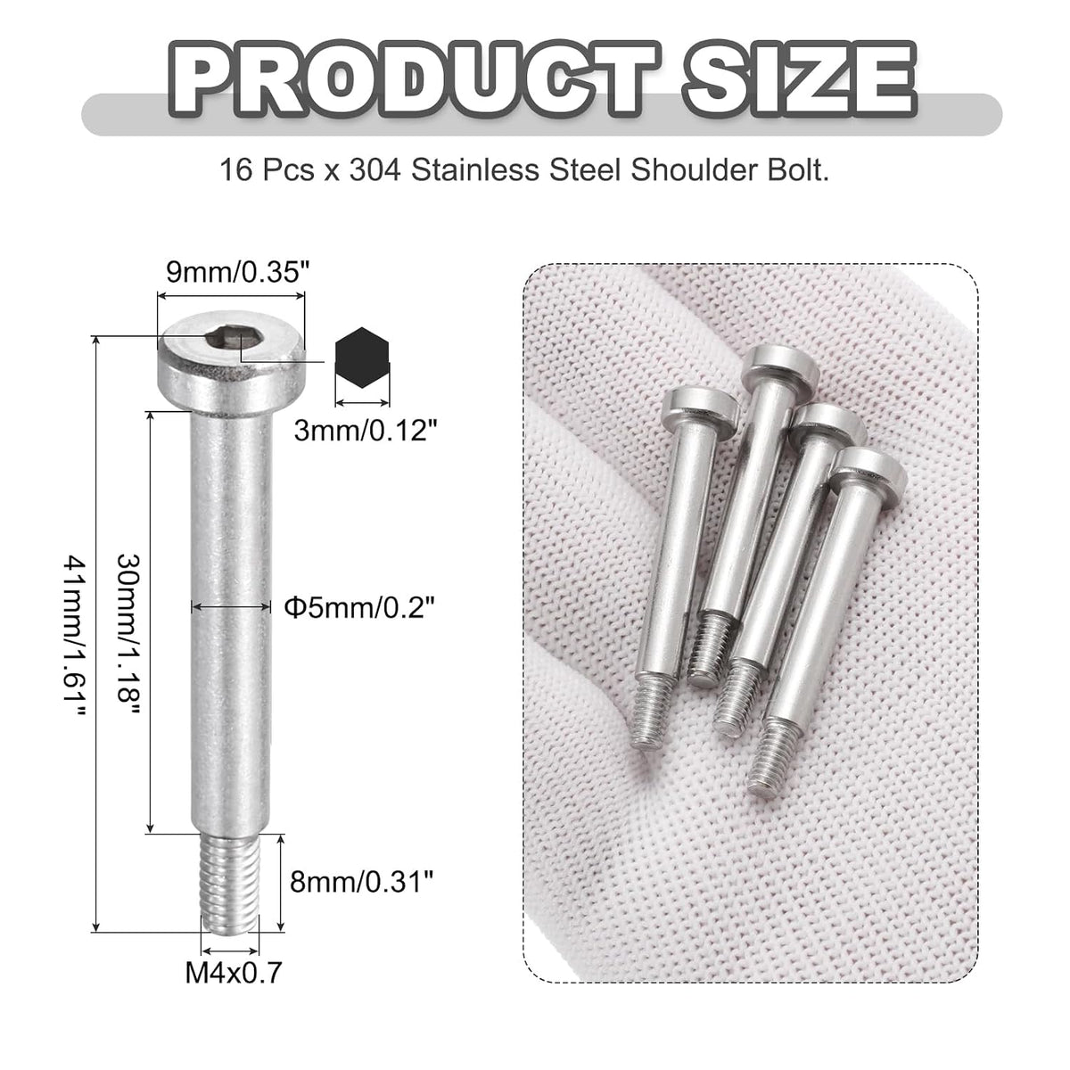 MECCANIXITY 16 Pcs 304 Stainless Steel Shoulder Bolt 5mm Shoulder Dia 30mm Shoulder Length M4x0.7 Thread Hex Socket Shoulder Bolts for Hydraulic Injection Molding Machinery Industries