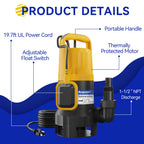 Acquaer 1HP Sump Pump, 4948GPH Utility Pump with Auto Float Switch