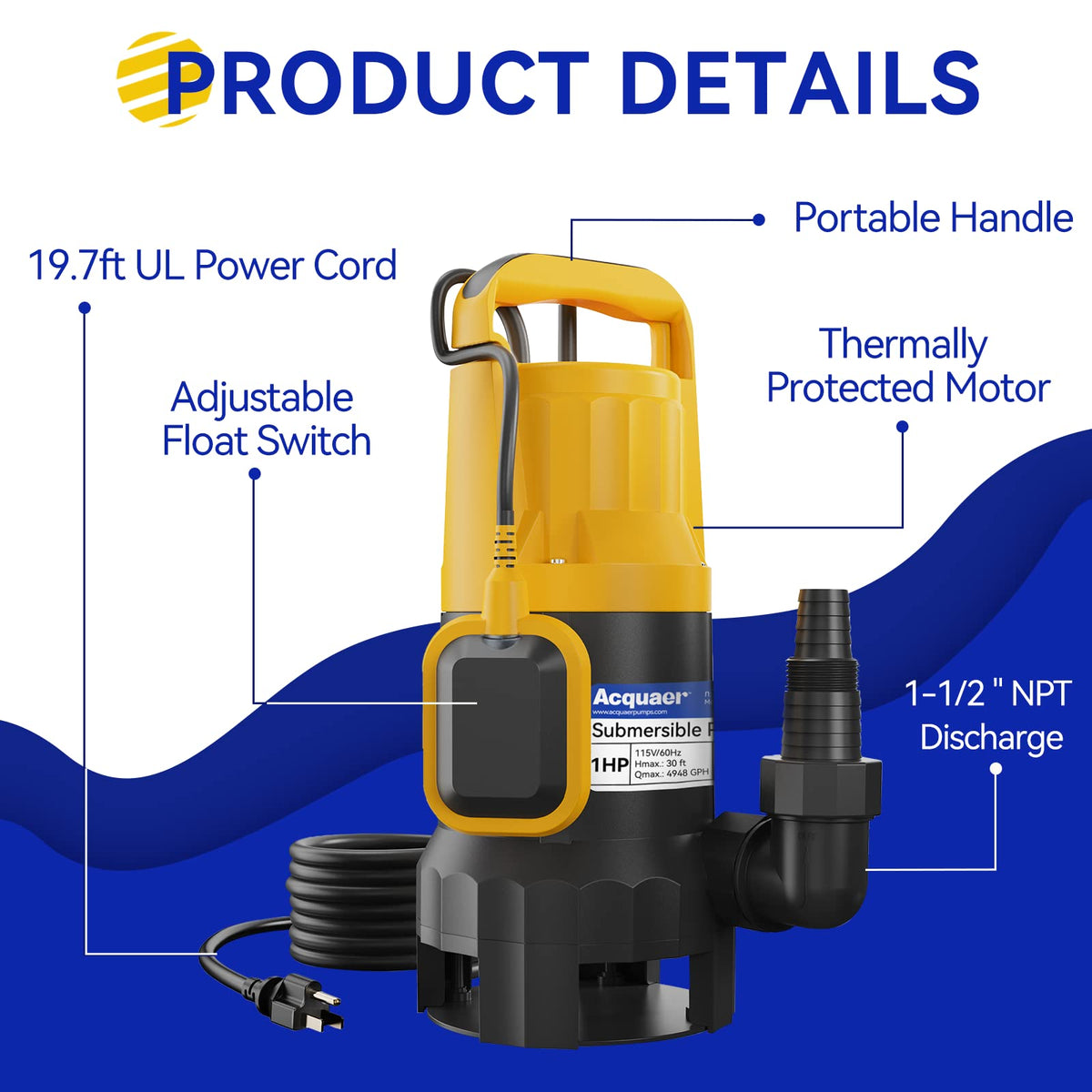 Acquaer 1HP Sump Pump, 4948GPH Utility Pump with Auto Float Switch