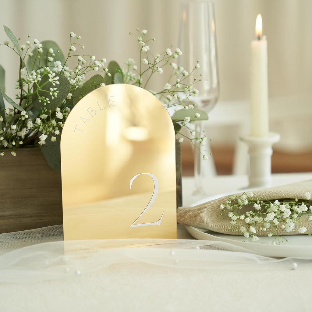 Beautiful Gold Wedding Table Numbers with Stands - Acrylic Signs 1-15