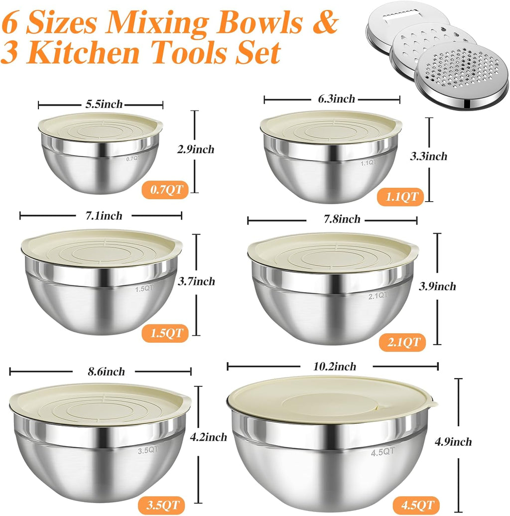 Mixing Bowls with Lids Set, 6 PCS Stainless Steel Mixing Bowls with 3 Grater Attachments, Kitchen Food Storage