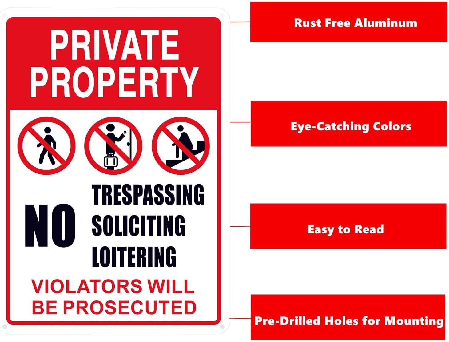 No Trespassing, No Soliciting, No Loitering Sign - 10x14 in Aluminum Warning Sign for Indoor/Outdoor