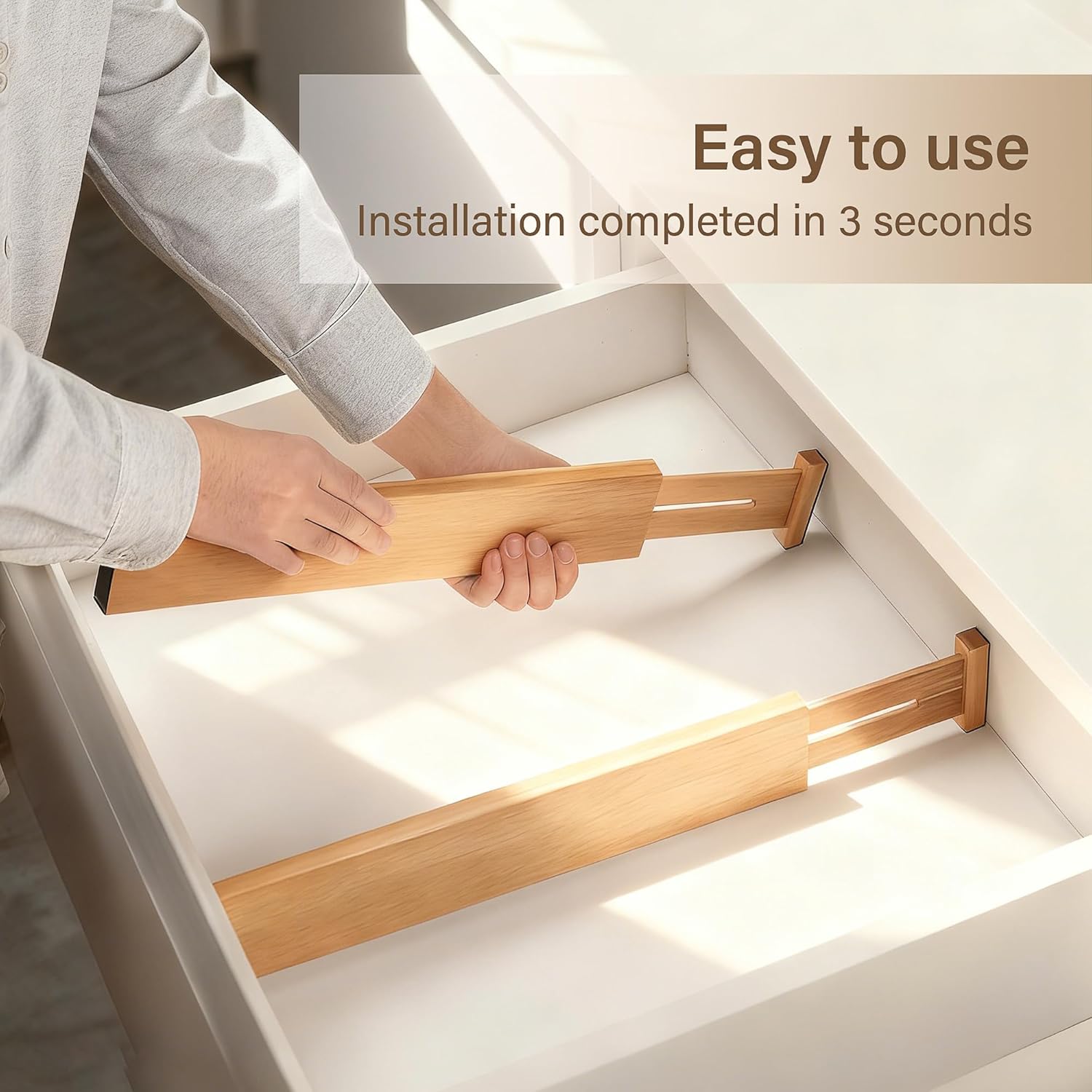 Bamboo Drawer Divider Set of 4, Adjustable Spring-Loaded Drawer Organizer (16.9"-22.2"), 2.3" Height, Suitable for