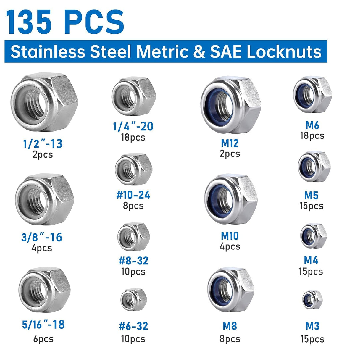 135 Pack 304 Stainless Steel A2-70 Nylon Insert Lock Nuts, SAE & Metric