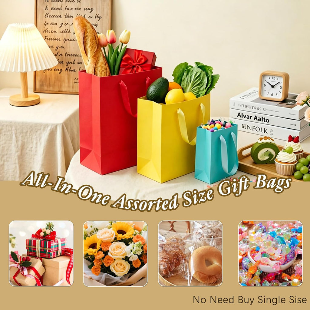 12 Pack Gift Bags with Handles & 24 pc Tissue Paper, Assorted Sizes