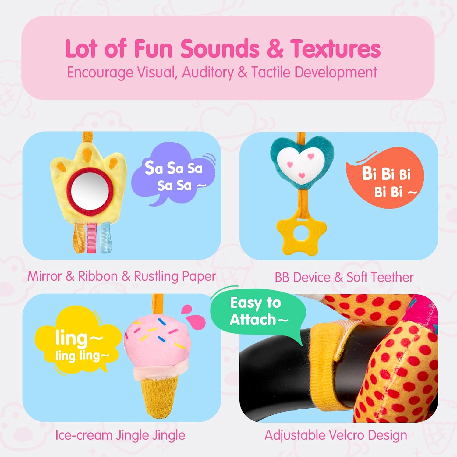 Car Seat Toys for Babies 0-6 Months Girl - Baby Toys 3-6 Months - Rattle, Mirror, Crinkle, Squeaky Carseat Stroller