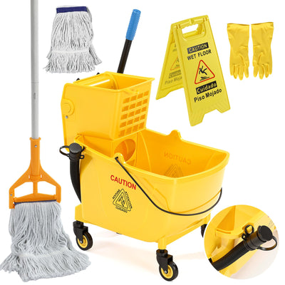 38 Qt Commercial Mop Bucket with Side Press Wringer on Wheels, Including Wet Floor Caution Sign, 1 Heavy Duty