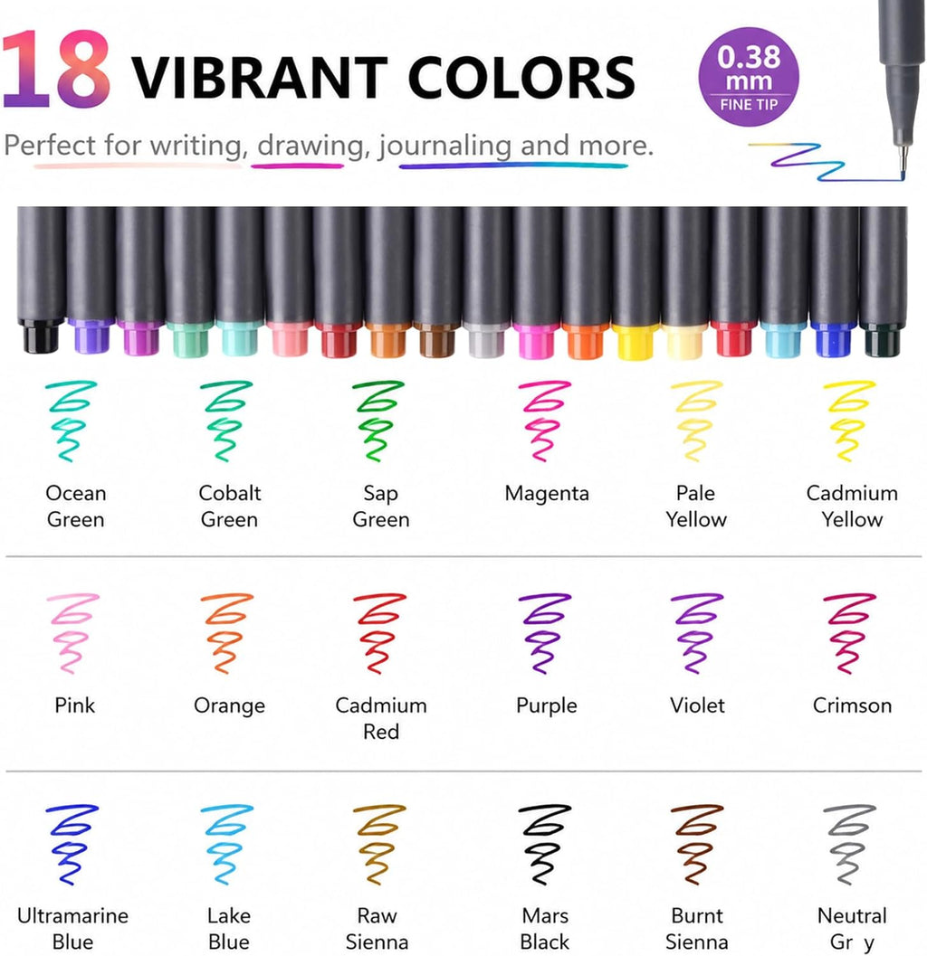 18 Colors Journal Planner Pens, Office School Supplies, Fine Point Fineliner Drawing Art Markers for Bullet