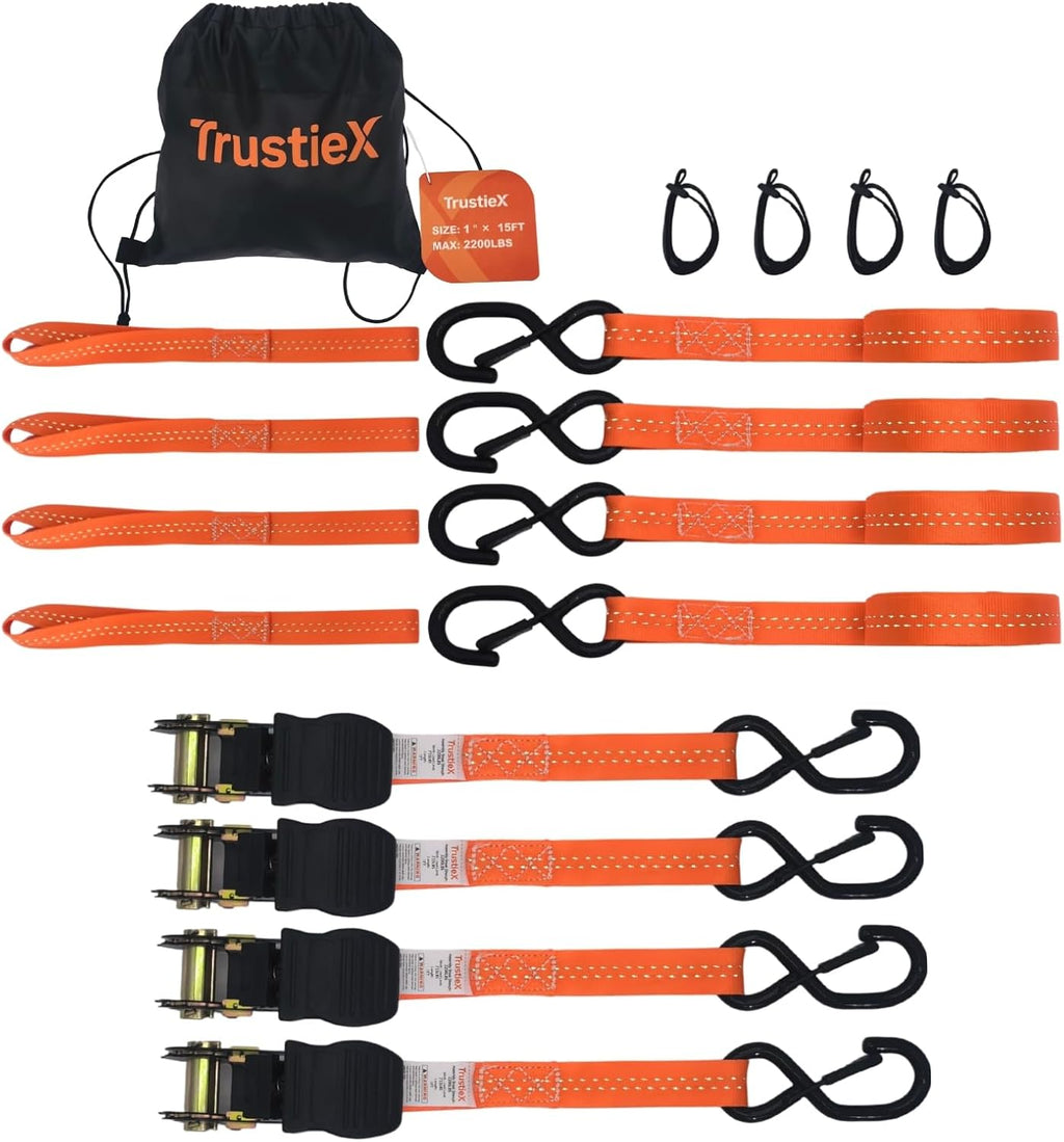 15FT Ratchet Straps 4 Pack, 1 Inch 2200lb Heavy Duty Tie Downs Straps Trailer Straps for Trucks Cargo Straps, Orange