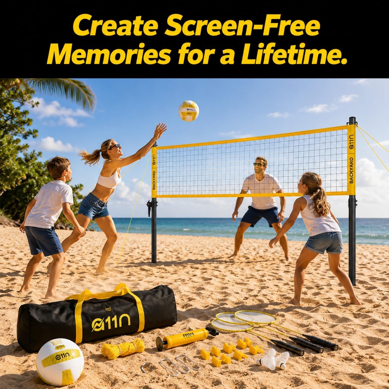 Outdoor Volleyball and Badminton Combo Set - Includes Adjustable Height Anti-Sag Net, Volleyball, Air Pump, 4