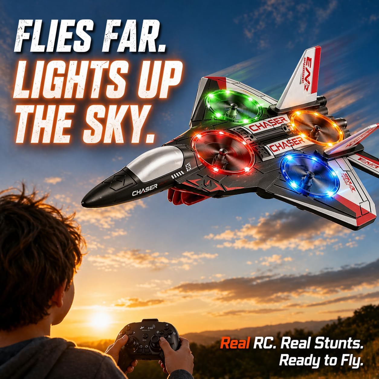 Foam RC Airplane for Kids, Adults and Beginners - LED, 50M | One button flies it home, so a first-timer will not lose