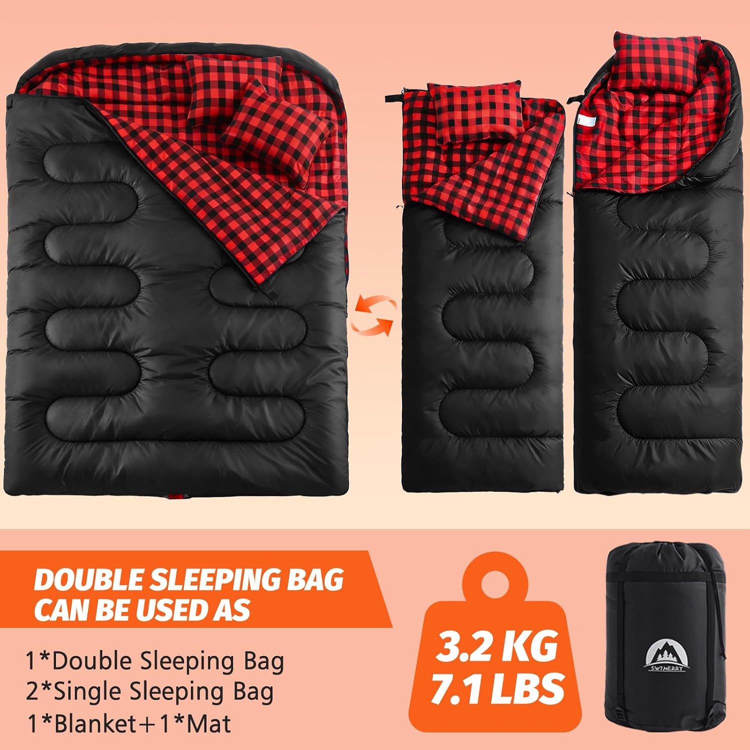 Double Sleeping Bag for Adults with 2 Pillows, Big&Tall XL Queen Size Sleeping Bag for 2 Person, Waterproof 2 Person