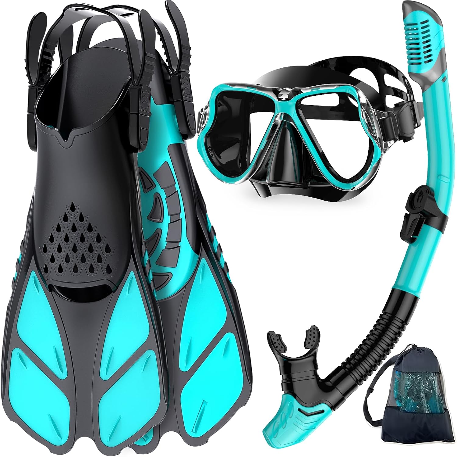 Snorkeling Gear for Adults, Panoramic Mask Anti-Fog & Dry Snorkel | Panoramic anti-fog mask with tempered glass lens