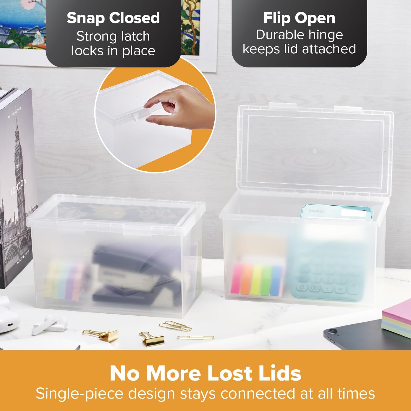 Konnect Storage Containers with Lids, Office Organizer, Clear Plastic Box, Desk and Home Organizer, Labels, 4 Qt, 2 Pack