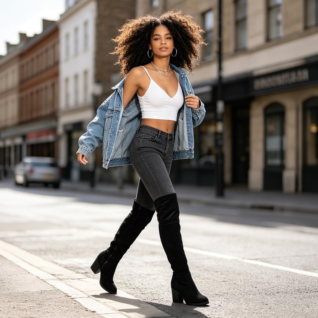 Women's Thigh High Boots Sexy Stacked Block Heel Boots Over the Knee