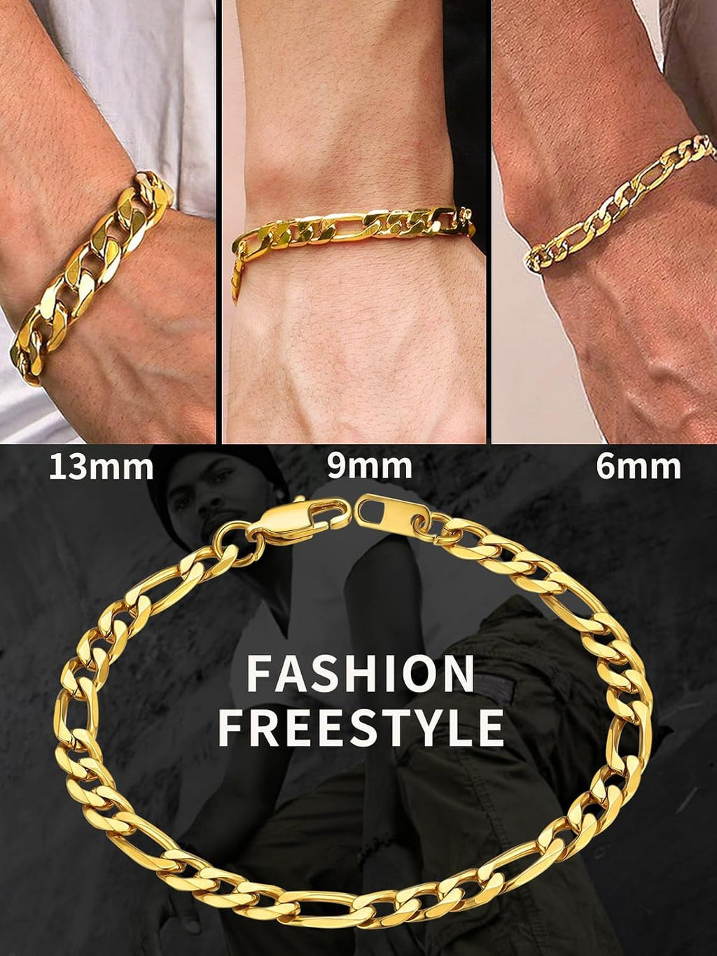 Figaro Link Chain Bracelet for Men Stainless Steel Jewelry | Black/ Gold Bracelets Men, 6/9/13mm Figaro Cuabn