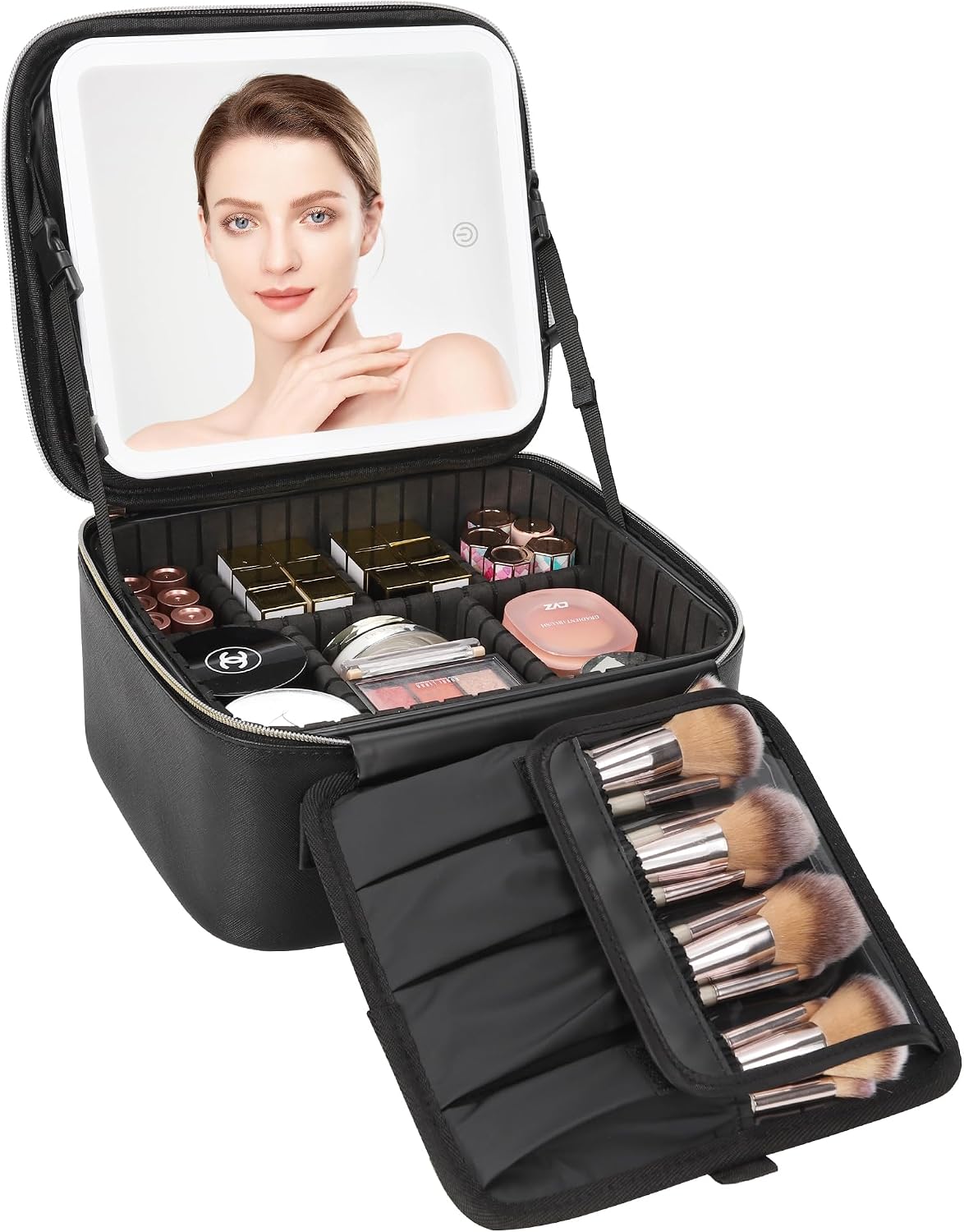 Travel Makeup Bag With LED Mirror, Cosmetic Train Case with Light up Mirror, Portable Makeup Artist Organizer Bag