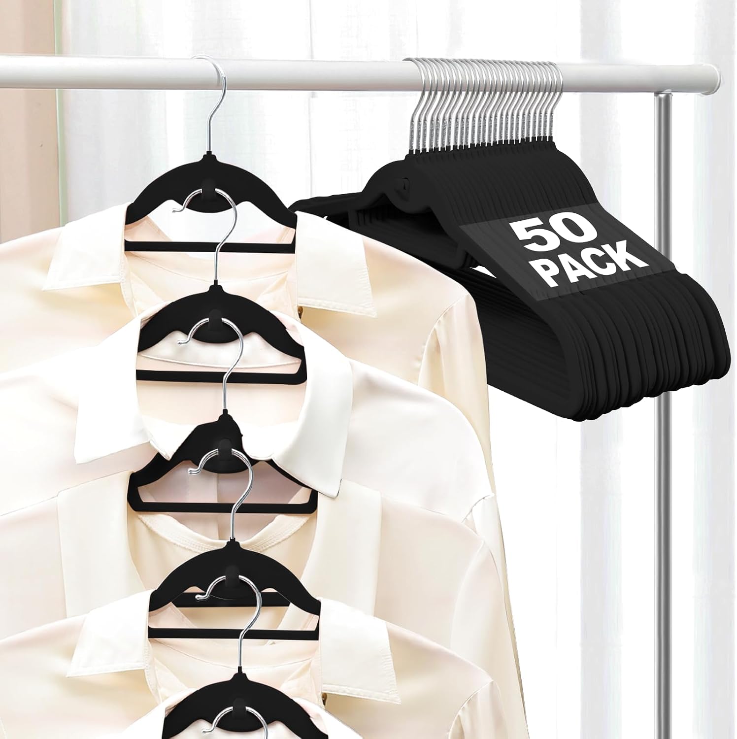 Velvet Felt Stackable Hangers 50 Pack, Thin & Space Saving, Black | Non Slip, 15Lbs Capacity Heavy Duty With 360°
