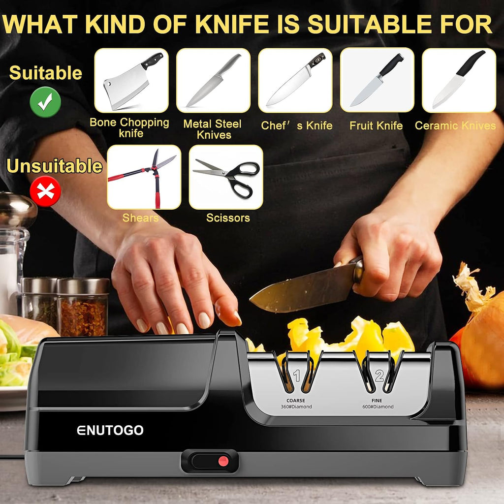 Knife Sharpener, Professional 2-Stages Eleltric Knife Sharpeners with Diamond Abrasives for 20-Degree Straight Edge