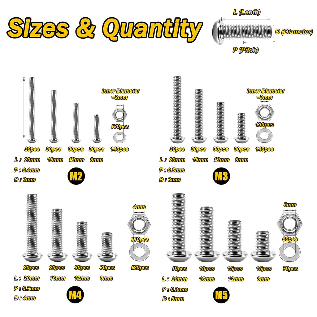 1290 Pieces M2 M3 M4 M5 Screw Nuts and Bolts Assortment Kit, Metric Screws 304 Stainless Steel Button Head Socket Cap