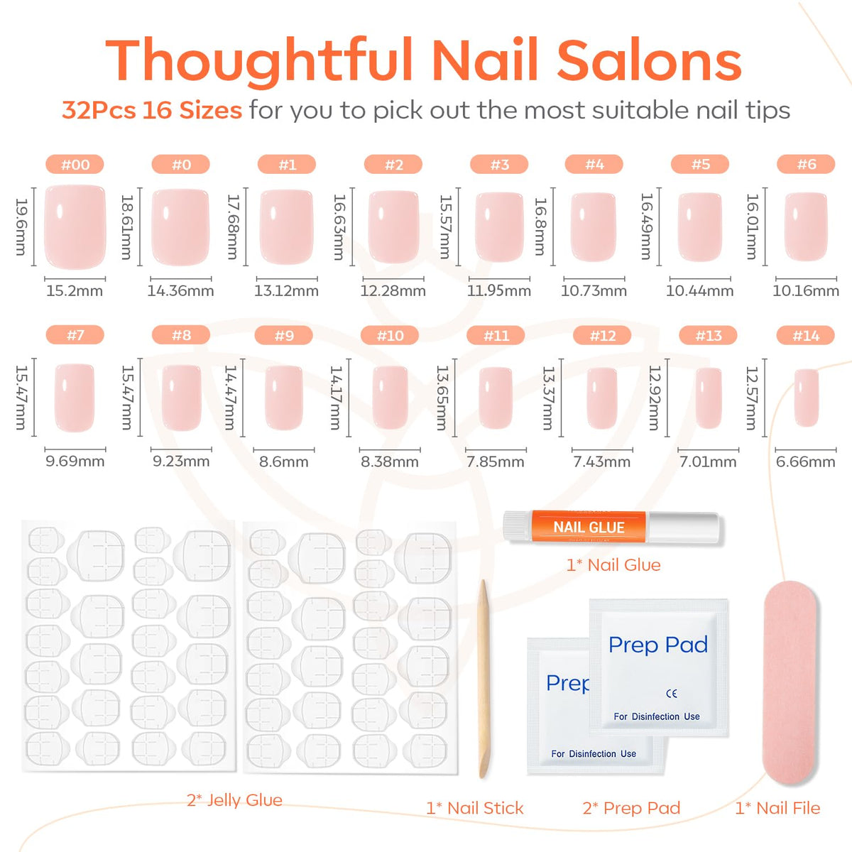 Pink Press on Nails Short Square, 32Pcs 16 Sizes Fake Nails