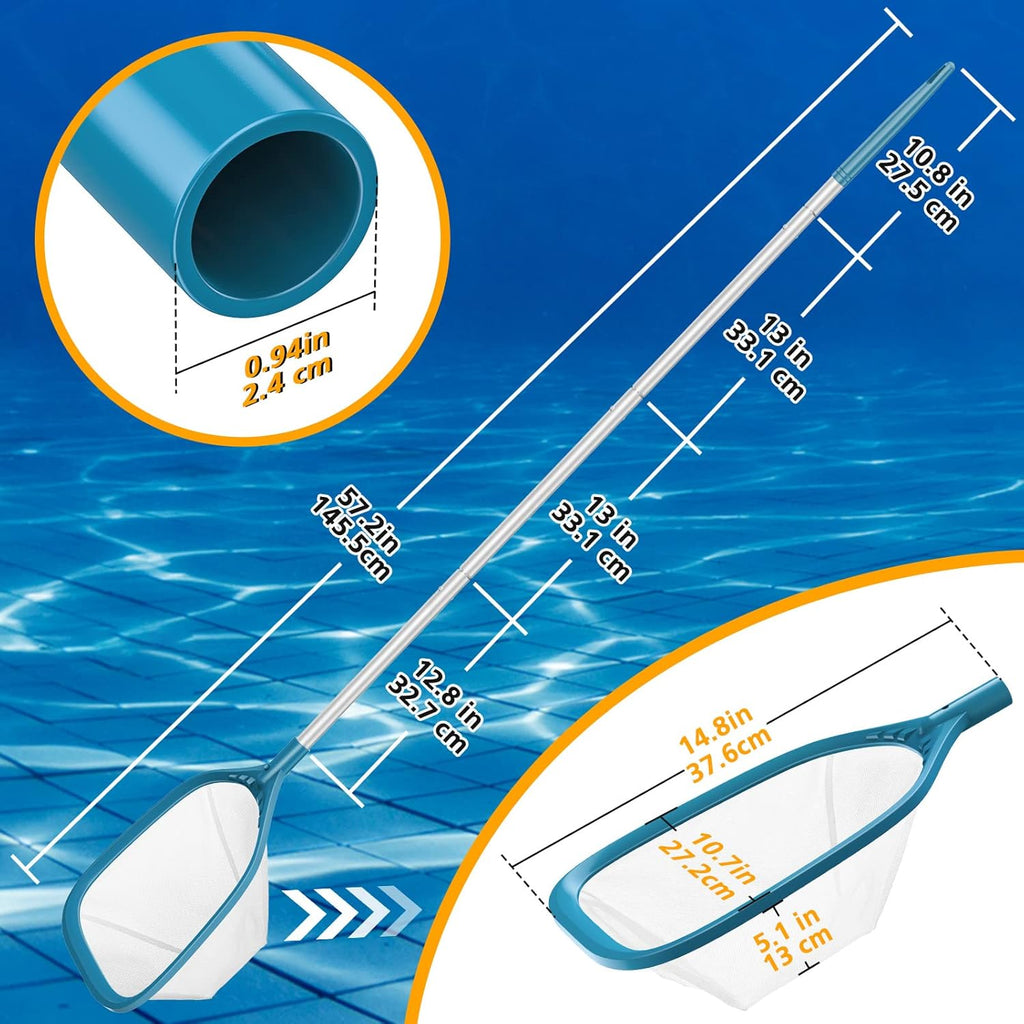 Professional Pool Skimmer Net 57 inch with 4 Aluminum Poles - Fine Mesh for Fast Debris Removal - Ideal Pool Nets for