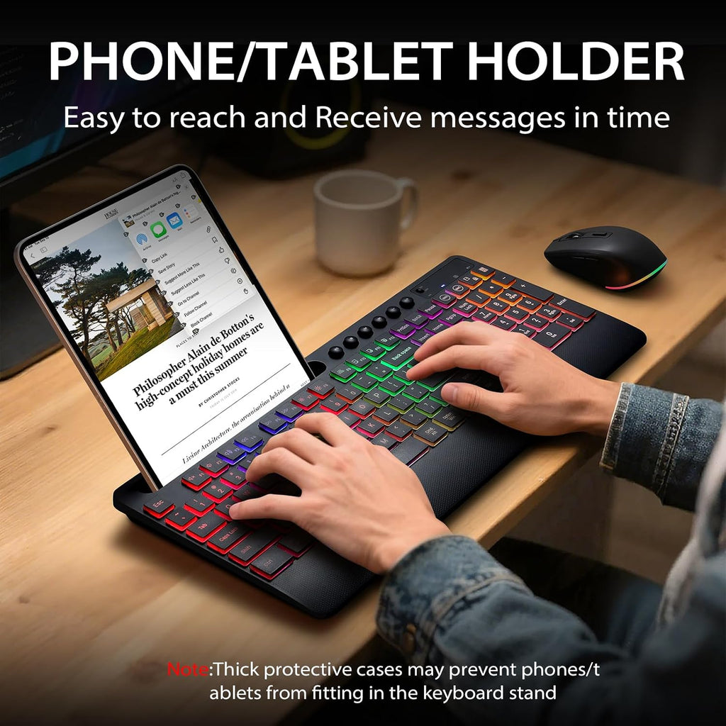 Wireless Keyboard and Mouse Combo, RGB Backlit, Ergonomic Wrist Rest | Phone Holder, Full Size, 2.4GHz, 3 Level DPI