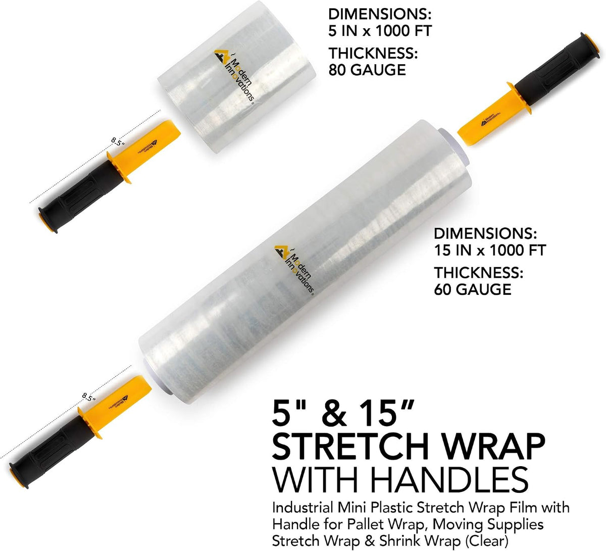 Clear Stretch Wrap Roll Bundle - (2) 15" Rolls, (2) 5" Rolls, (2) Handles,(4000 Feet) Shrink Wrap for Moving, Packing