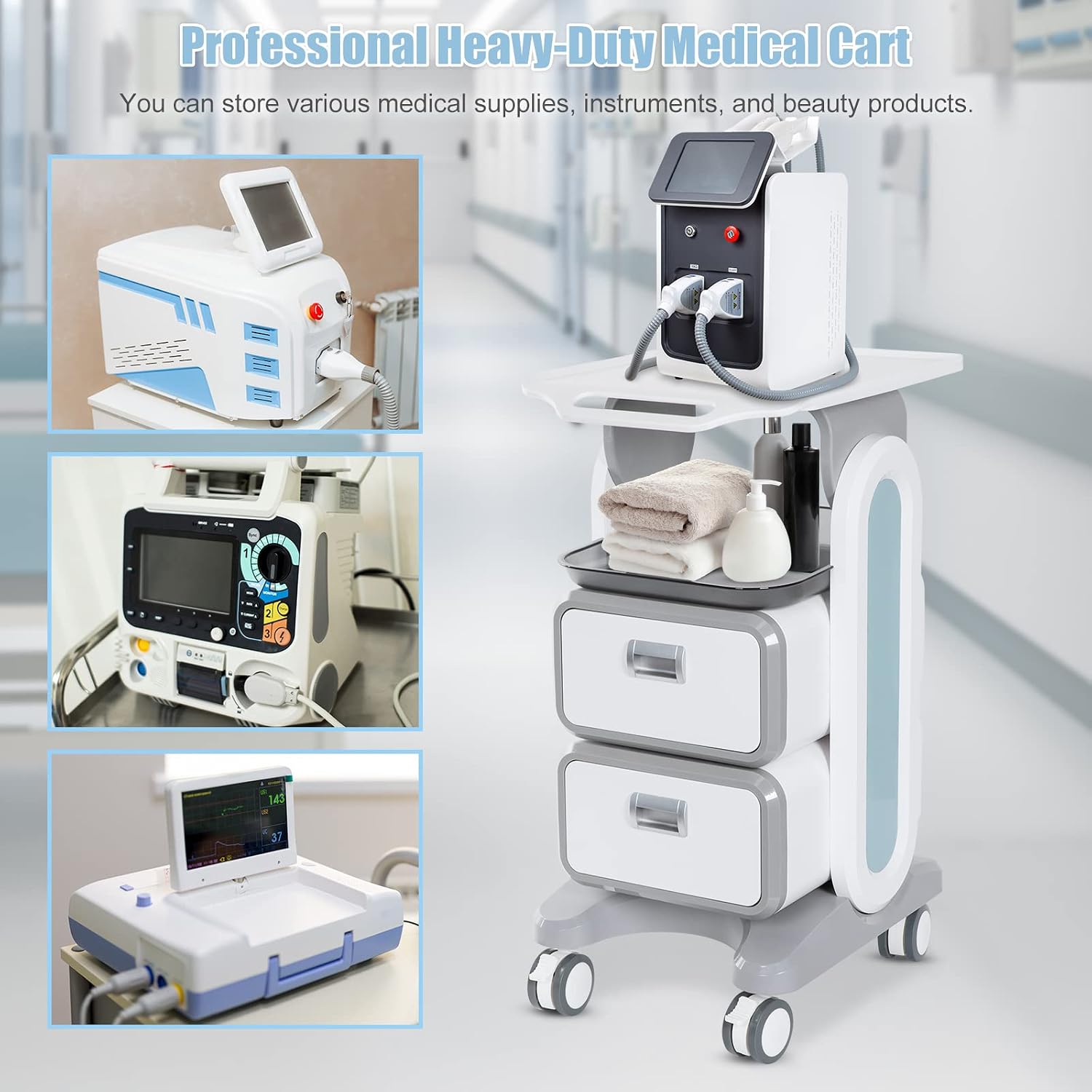 Mobile Medical Trolley Cart 3-Tier 130 Lbs Load Ultrasound Scanner Trolley | Beauty Storage Carts with Drawers
