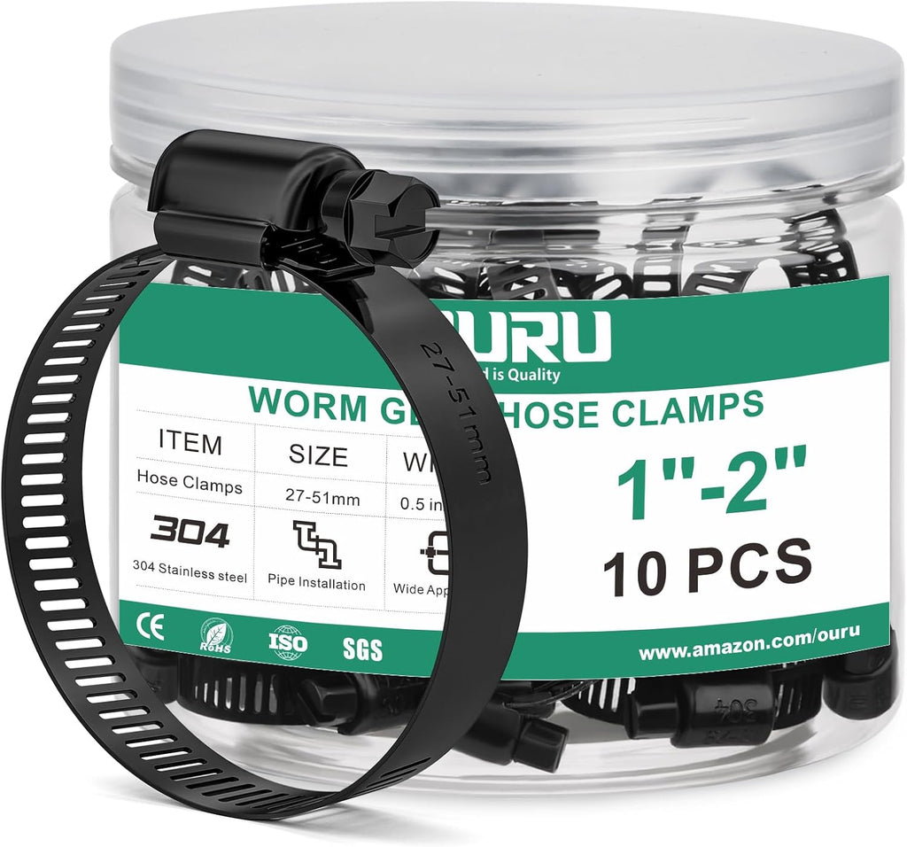 10PCS Black Hose Clamp Stainless Steel Adjustable 1"–2"(27-51mm) | Heavy Duty, Rust Resistant, Worm Gear Small Hose