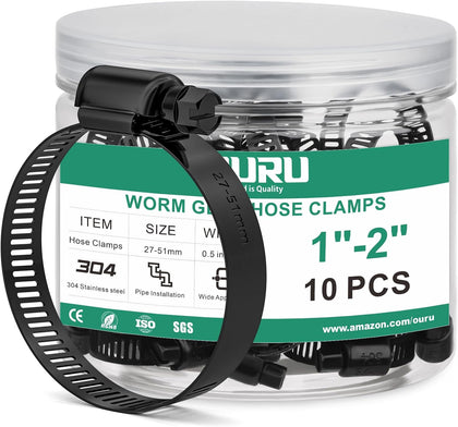 10PCS Black Hose Clamp Stainless Steel Adjustable 1"–2"(27-51mm) | Heavy Duty, Rust Resistant, Worm Gear Small Hose