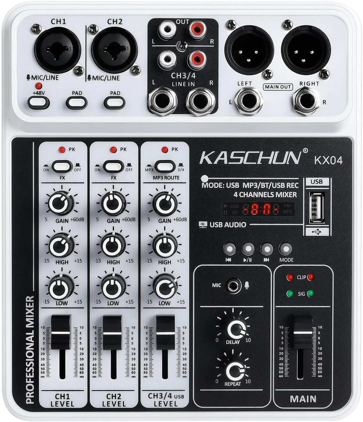 4-Channel DJ Audio Mixer, Bluetooth Sound Board with USB MP3 Input | Compact Mixer Board with 48V Phantom Power