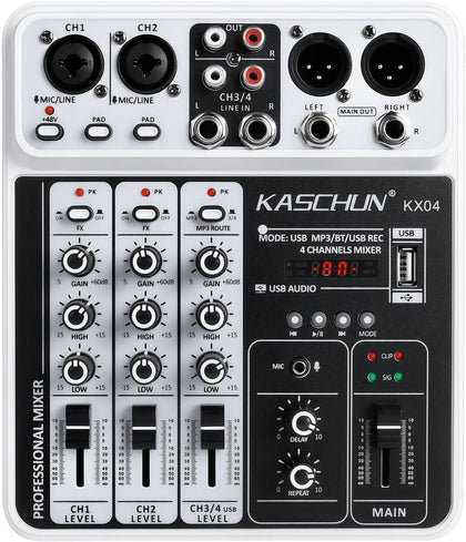 4-Channel DJ Audio Mixer, Bluetooth Sound Board with USB MP3 Input | Compact Mixer Board with 48V Phantom Power