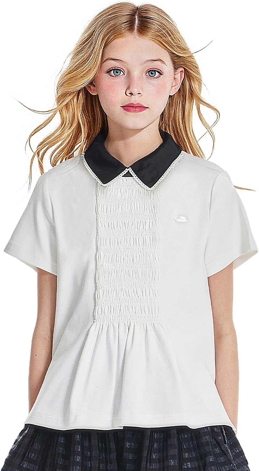 Girls White Polo Shirt with Black Peter Pan Collar and Lace Trim,Uniform Style for 6–16Y